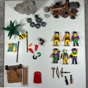Playmobil Knights Medieval Lot Catapult Figures Rock Palm Tree Vintage